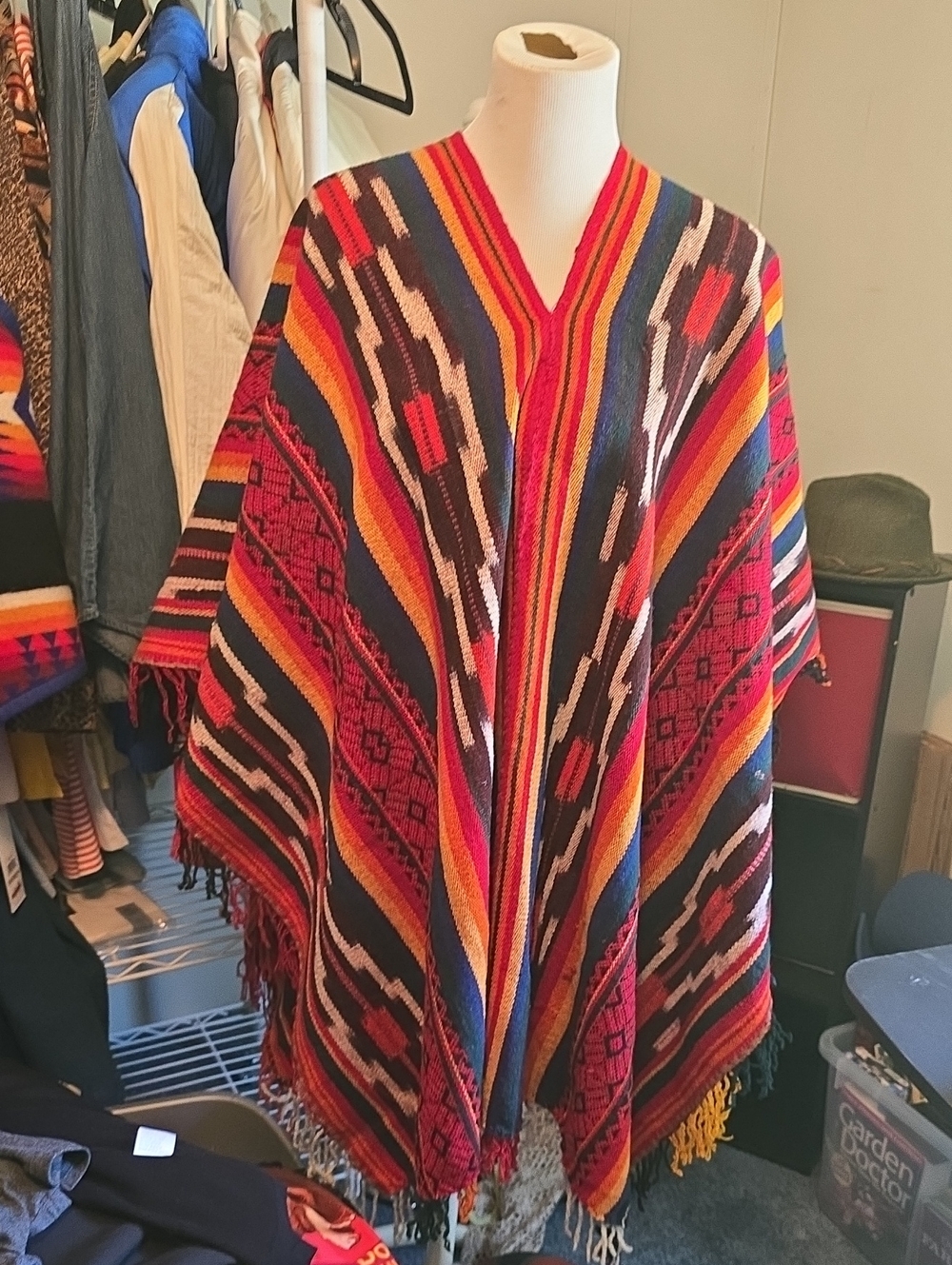Handwoven Wool Red Multicolor Southwestern Poncho - Brand Unknown